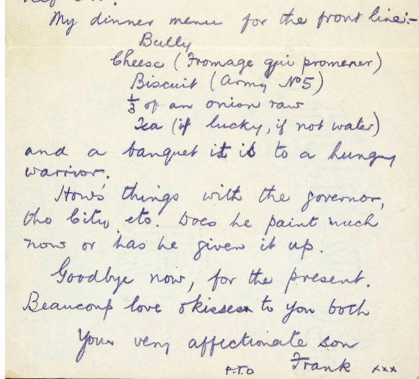 Fusilier Frank York details food provision at the Front in a letter home, August 1916. RFM_1257_41_Recto(2) with spacer